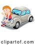 Vector Clip Art of Retro Cartoon Girl Waving and Sitting on a Beige Slug Bug Car by Graphics RF