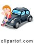 Vector Clip Art of Retro Cartoon Girl Waving and Sitting on a Black Slug Bug Car by Graphics RF