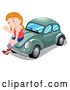 Vector Clip Art of Retro Cartoon Girl Waving and Sitting on a Green Slug Bug Car by Graphics RF
