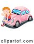 Vector Clip Art of Retro Cartoon Girl Waving and Sitting on a Pink Slug Bug Car by
