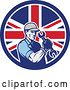 Vector Clip Art of Retro Cartoon Handy Guy or Mechanic Flexing and Holding a Spanner Wrench in a Union Jack Flag Circle by Patrimonio