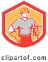 Vector Clip Art of Retro Cartoon Handyman or Carpenter with a Hammer in a Gray Red White and Orange Shield by Patrimonio