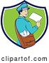Vector Clip Art of Retro Cartoon Happy Mail Guy Holding an Envelope and Looking Back over His Shoulder in a Blue White and Green Shield by Patrimonio