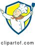 Vector Clip Art of Retro Cartoon Happy White Male Chef Dancing with a Spatula in a Blue White and Yellow Shield by Patrimonio