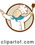 Vector Clip Art of Retro Cartoon Happy White Male Chef Dancing with a Spatula in a Brown White and Tan Circle by Patrimonio