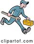 Vector Clip Art of Retro Cartoon Happy White Male Mechanic Runnign with a Spanner Wrench and a Tool Box by Patrimonio