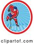 Vector Clip Art of Retro Cartoon Hockey Player in an Oval of Blue Rays by Patrimonio