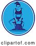Vector Clip Art of Retro Cartoon Lady Crouching to Lift a Kettlebell in a Blue and White Oval by Patrimonio