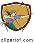 Vector Clip Art of Retro Cartoon Male Archer Aiming an Arrow and Emerging from a Brown White and Tan Shield by Patrimonio