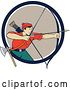 Vector Clip Art of Retro Cartoon Male Archer Aiming an Arrow and Emerging from a Navy Blue White and Tan Circle by Patrimonio