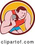 Vector Clip Art of Retro Cartoon Male Athlete Throwing a Shotput in a Brown White and Yellow Circle by Patrimonio