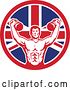 Vector Clip Art of Retro Cartoon Male Bodybuilder Working out with Kettlebells in a Union Jack Flag Circle by Patrimonio