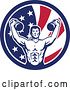 Vector Clip Art of Retro Cartoon Male Bodybuilder Working out with Kettlebells in an American Flag Circle by Patrimonio
