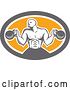Vector Clip Art of Retro Cartoon Male Bodybuilder Working out with Kettlebells in an Oval by Patrimonio