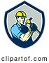 Vector Clip Art of Retro Cartoon Male Builder Construction Worker Holding a Hammer in a Gray Blue and White Shield by Patrimonio