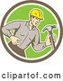 Vector Clip Art of Retro Cartoon Male Builder Shouting and Holding a Hammer in a Taupe White and Green Circle by Patrimonio