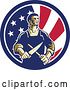 Vector Clip Art of Retro Cartoon Male Butcher Sharpening a Knife in an American Flag Circle by Patrimonio
