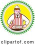 Vector Clip Art of Retro Cartoon Male Butcher Slicing Ham in a Green Gray White and Yellow Circle by Patrimonio