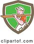 Vector Clip Art of Retro Cartoon Male Carpenter Carrying Lumber in a Brown White and Green Shield by Patrimonio