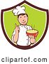 Vector Clip Art of Retro Cartoon Male Chef Holding a Hot Bowl of Soup in a Brown White and Green Shield by Patrimonio