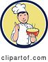 Vector Clip Art of Retro Cartoon Male Chef Holding a Hot Bowl of Soup in a Navy Blue White and Yellow Circle by Patrimonio
