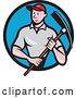 Vector Clip Art of Retro Cartoon Male Construction Worker Holding a Pickaxe and Emerging from a Black and Blue Circle by Patrimonio