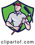Vector Clip Art of Retro Cartoon Male Construction Worker Holding a Pickaxe and Emerging from a Green and Blue Shield by Patrimonio