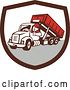 Vector Clip Art of Retro Cartoon Male Dump Truck Driver Giving a Thumb up in a Brown White and Gray Shield by Patrimonio