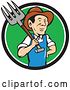 Vector Clip Art of Retro Cartoon Male Farmer or Worker Holding a Pitchfork over His Shoulder, Emerging from a Black White and Green Circle by Patrimonio