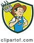 Vector Clip Art of Retro Cartoon Male Farmer or Worker Holding a Pitchfork over His Shoulder, Emerging from a Green, White and Yellow Shield by Patrimonio