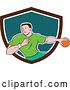 Vector Clip Art of Retro Cartoon Male Handball Player in Action, Emerging from a Brown White and Teal Shield by Patrimonio