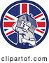 Vector Clip Art of Retro Cartoon Male Home Builder Carrying a House and Hammer in a British Flag Circle by Patrimonio