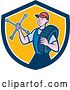 Vector Clip Art of Retro Cartoon Male Mechanic Holding a Socket Wrench and a Tire in a Blue White and Yellow Shield by Patrimonio