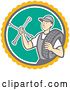 Vector Clip Art of Retro Cartoon Male Mechanic Holding a Socket Wrench and a Tire in a Circle by Patrimonio