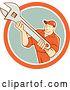 Vector Clip Art of Retro Cartoon Male Mechanic Holding an Adjustable Wrench in an Orange White and Pastel Green Circle by Patrimonio