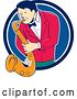 Vector Clip Art of Retro Cartoon Male Musician Playing a Saxophone and Emerging from a Blue and White Circle by Patrimonio