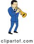 Vector Clip Art of Retro Cartoon Male Musician Playing a Trumpet and Wearing a Blue Suit by Patrimonio