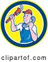 Vector Clip Art of Retro Cartoon Male Plumber Holding a Monkey Wrench and Taking a Call in a Circle by Patrimonio