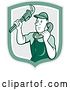 Vector Clip Art of Retro Cartoon Male Plumber Holding a Monkey Wrench and Taking a Call in a Green Shield by Patrimonio