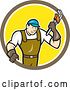 Vector Clip Art of Retro Cartoon Male Plumber Holding a Monkey Wrench in a Brown White and Yellow Circle by Patrimonio