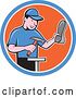 Vector Clip Art of Retro Cartoon Male Shoe Maker Cobbler Working in a Blue White and Orange Circle by Patrimonio