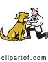 Vector Clip Art of Retro Cartoon Male Veterinarian Kneeling and Looking at a Dog by Patrimonio