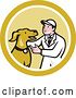 Vector Clip Art of Retro Cartoon Male Veterinarian Kneeling and Looking at a Dog in a Circle by Patrimonio