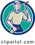Vector Clip Art of Retro Cartoon Male Window Washer Holding a Spray Bottle and Squeegee in a Blue White and Turquoise Circle by Patrimonio