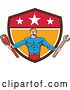 Vector Clip Art of Retro Cartoon Muscular Male Super Hero Holding Spanner and Monkey Wrenches and Emerging from a Shield by Patrimonio
