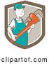 Vector Clip Art of Retro Cartoon Plumber Holding a Monkey Wrench in a Brown Shield by Patrimonio
