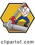 Vector Clip Art of Retro Cartoon Plumber Using a Giant Monkey Wrench on a Pipe over a Hexagon of Rays by Patrimonio