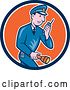 Vector Clip Art of Retro Cartoon Police Guy Talking on a Walkie Talkie and Holding a Flashlight in a Blue White and Orange Circle by Patrimonio