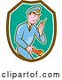 Vector Clip Art of Retro Cartoon Police Guy Talking on a Walkie Talkie and Holding a Flashlight in a Brown White and Turquoise Shield by Patrimonio