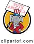 Vector Clip Art of Retro Cartoon Political Republican Elephant Holding a Vote American Sign in a Black White and Yellow Circle by Patrimonio